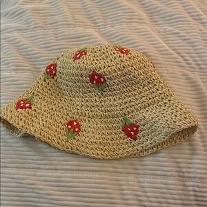 Strawberry Embroidered Straw Bucket Hat